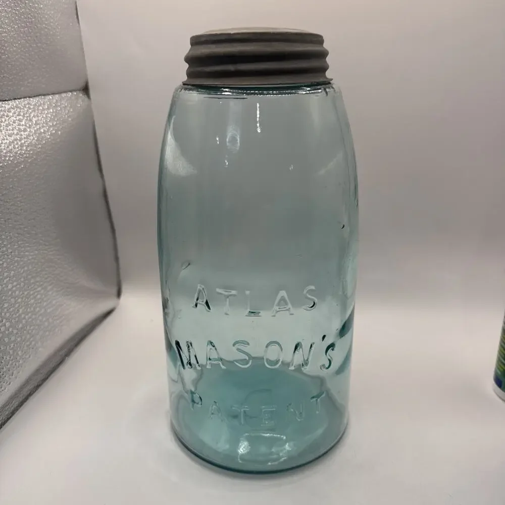 Vintage Atlas Mason’s Patent Nov 30 1858 Aqua Glass Canning Jar w Zinc Lid A+